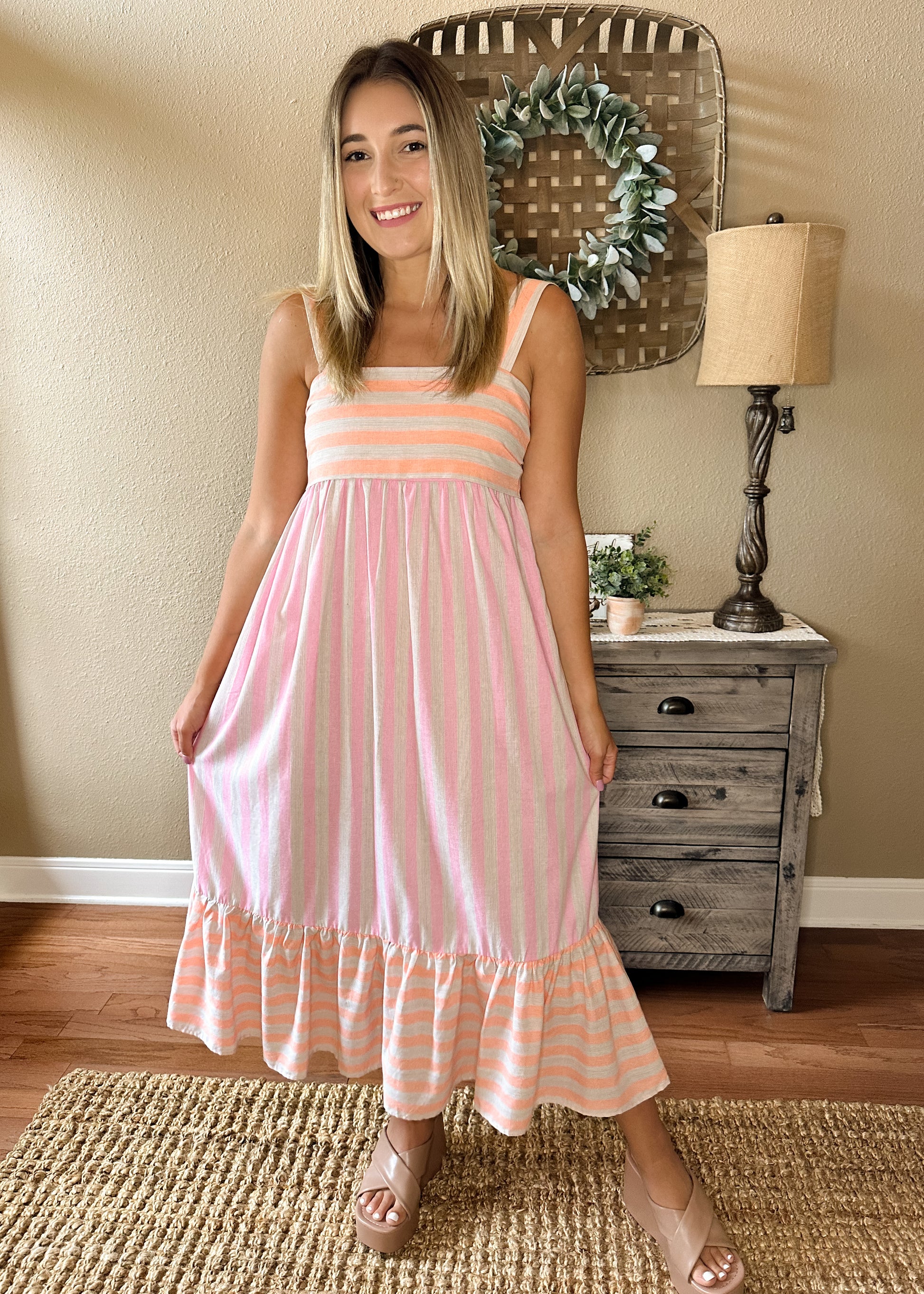 Pink & Orange Striped Ruffle Midi Dress