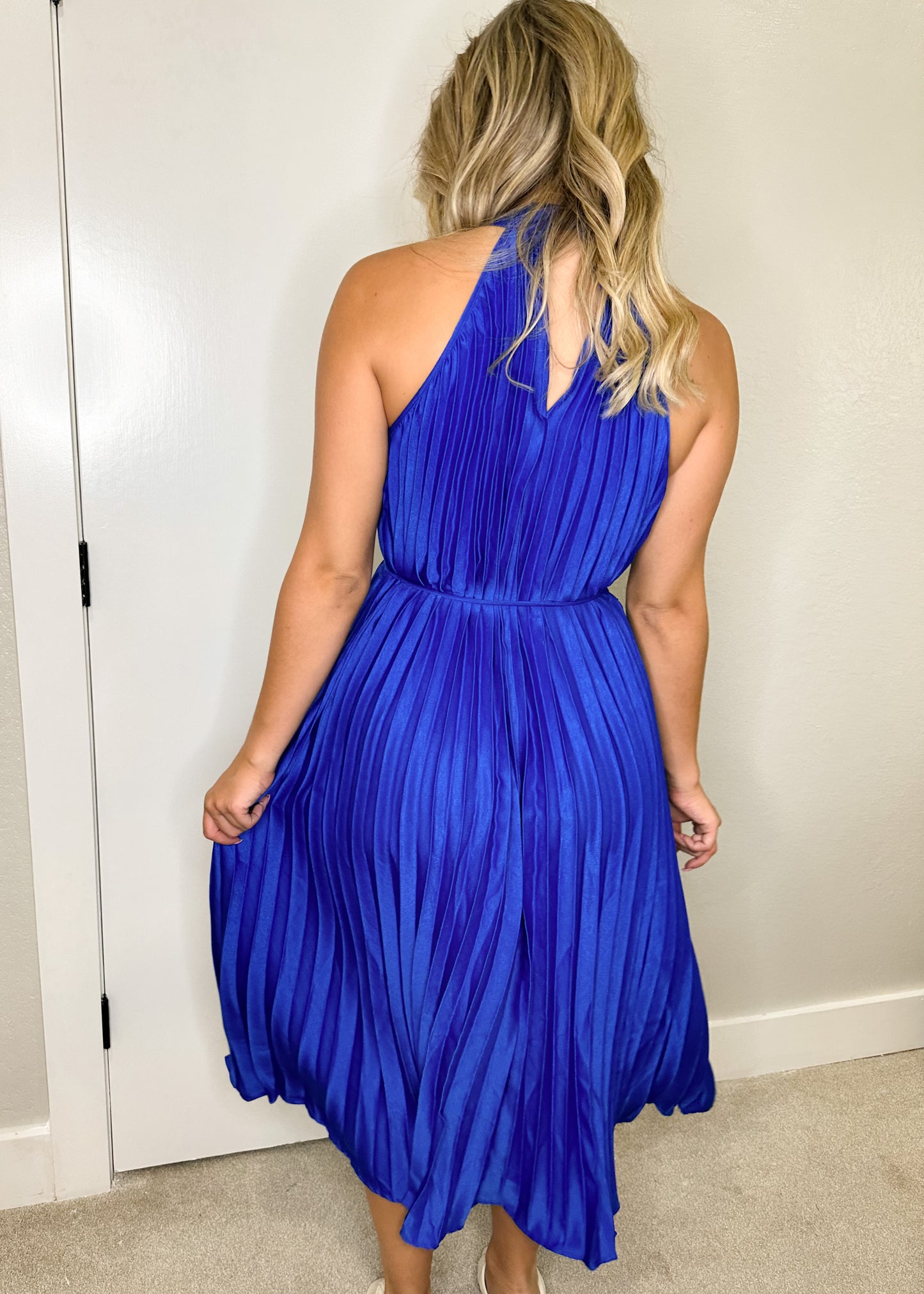 Royal Blue Pleated High Neck Waist Tie Midi Dress