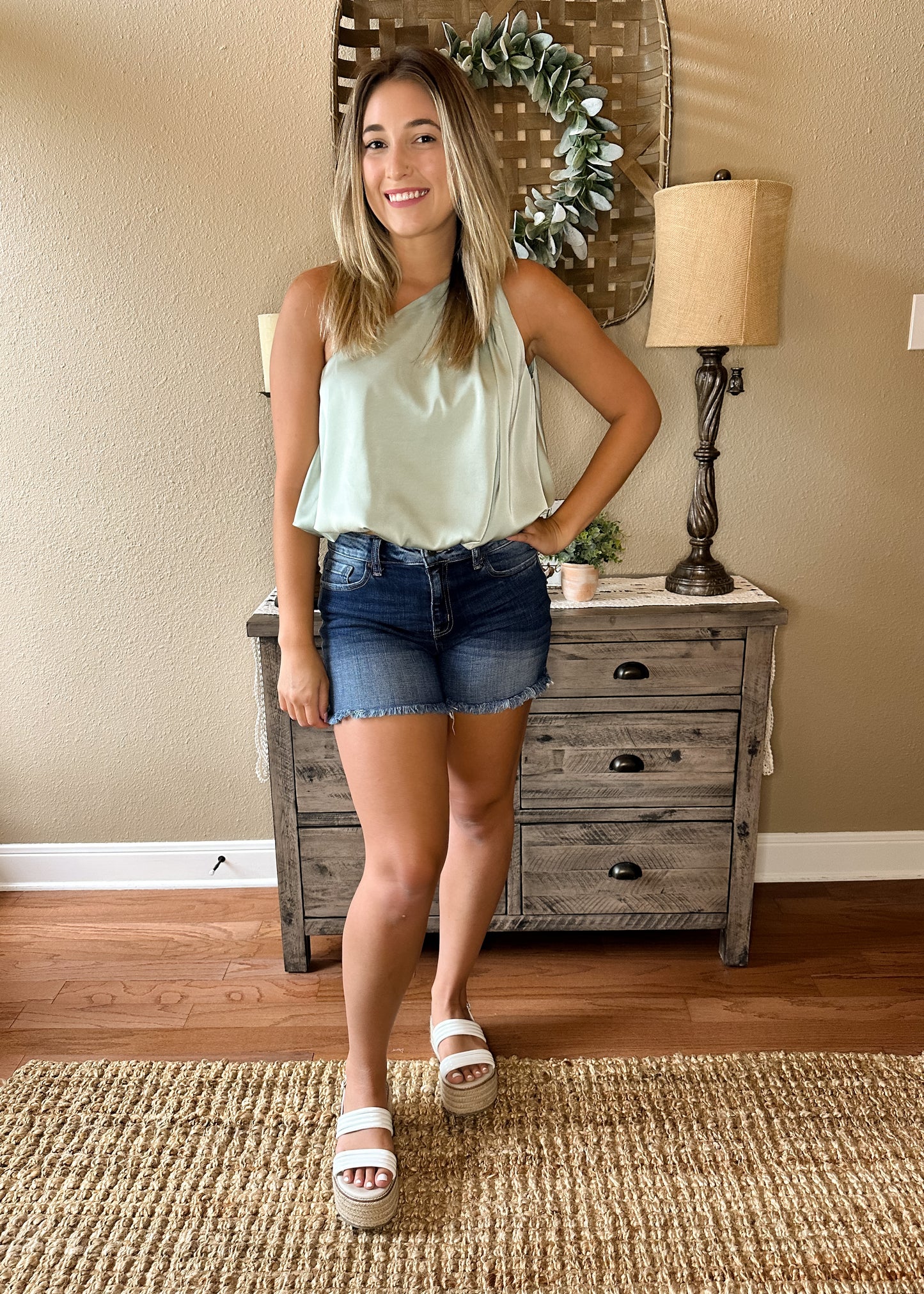 Light Sage Satin One Shoulder Bubble Hem Top