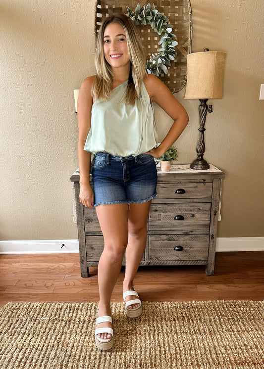 Light Sage Satin One Shoulder Bubble Hem Top