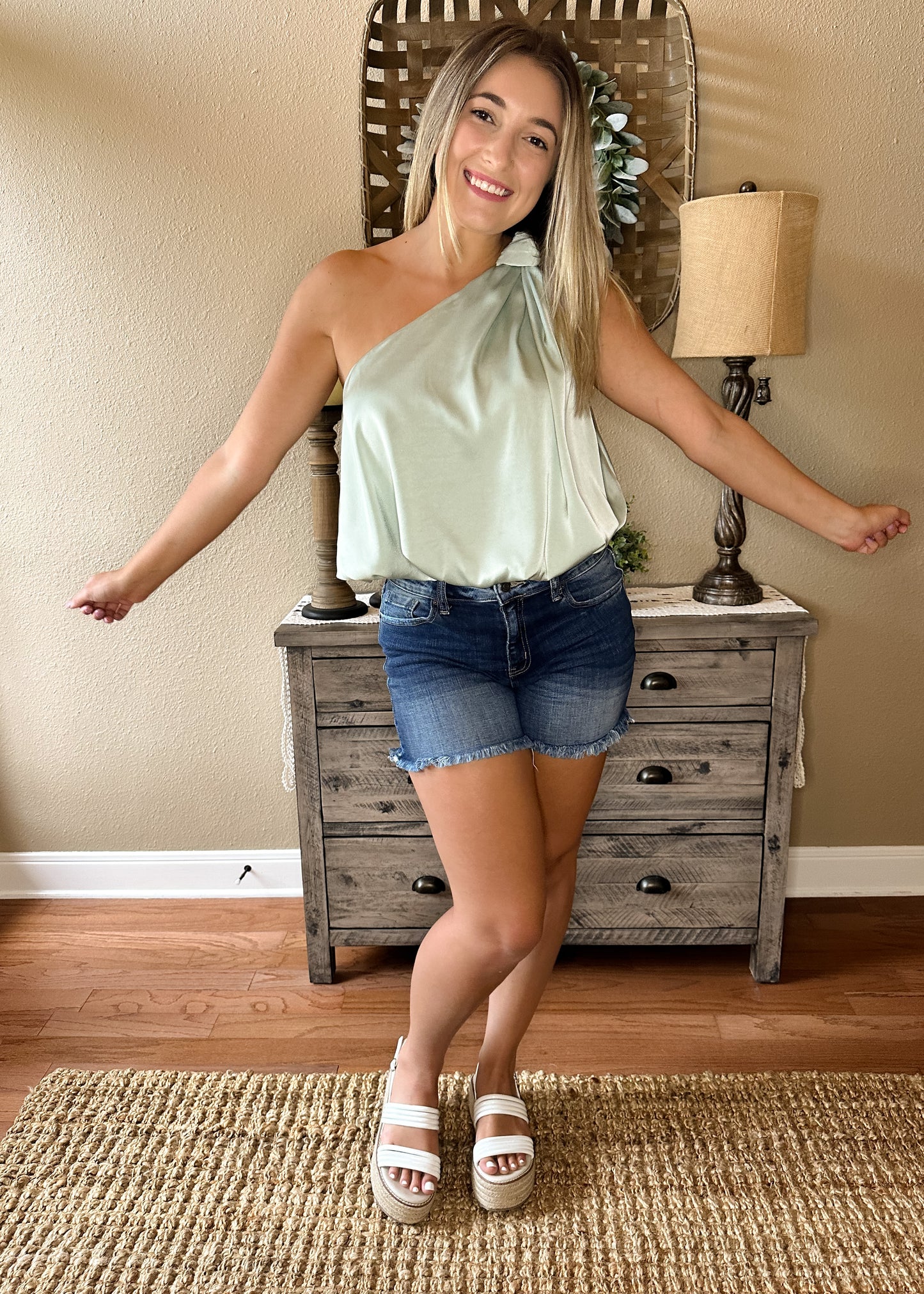 Light Sage Satin One Shoulder Bubble Hem Top