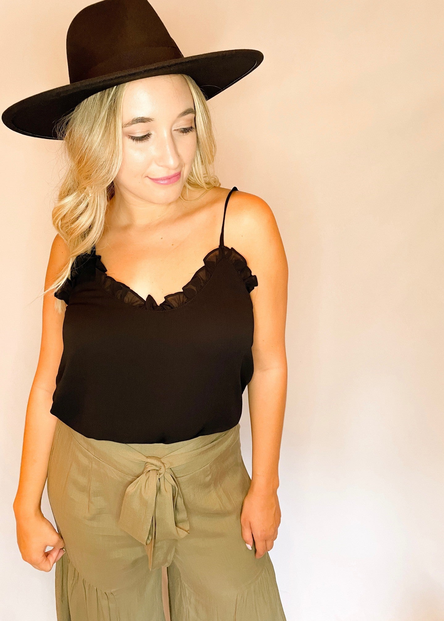 Black Ruffle Neckline Tank Top