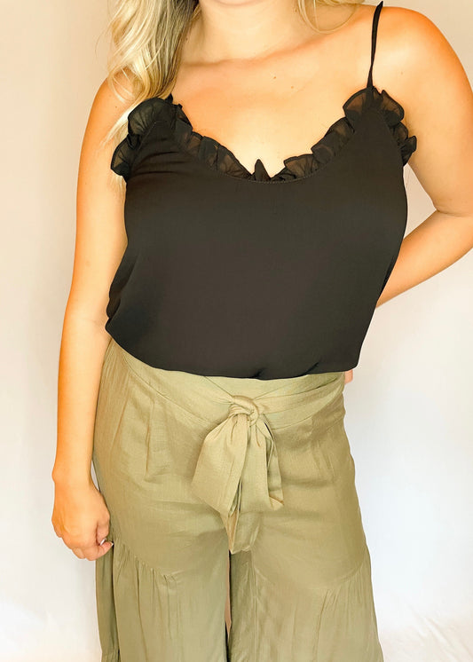 Black Ruffle Neckline Tank Top