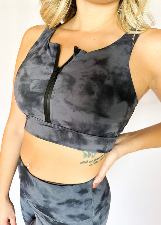 Grey Tie Dye Zip Up Sports Bra