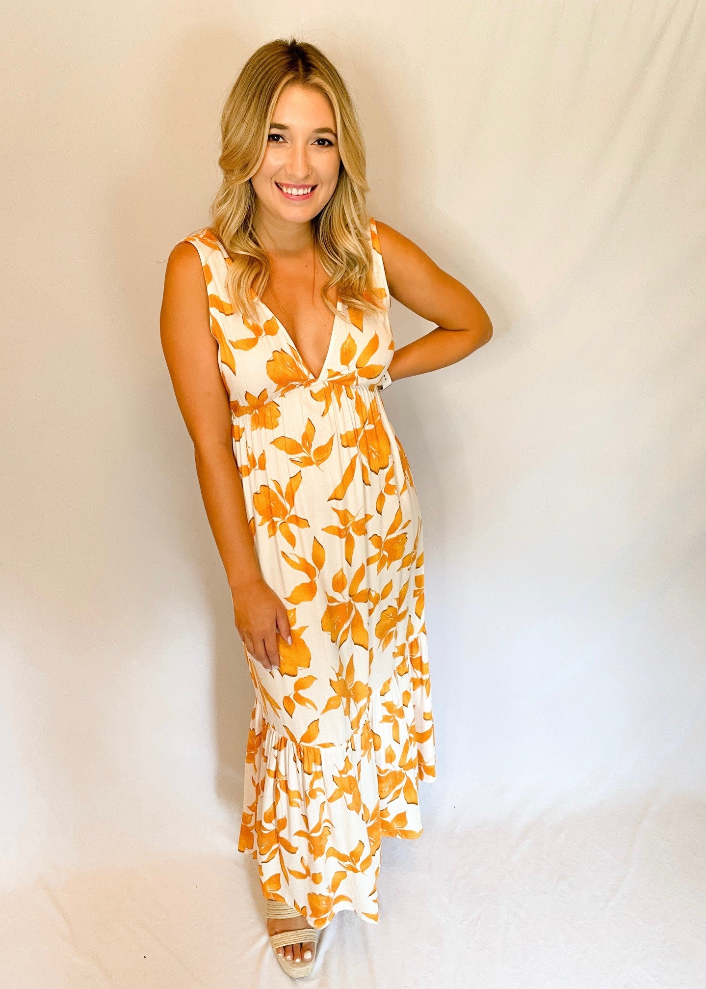 Cream and Orange Floral Maxi Dress