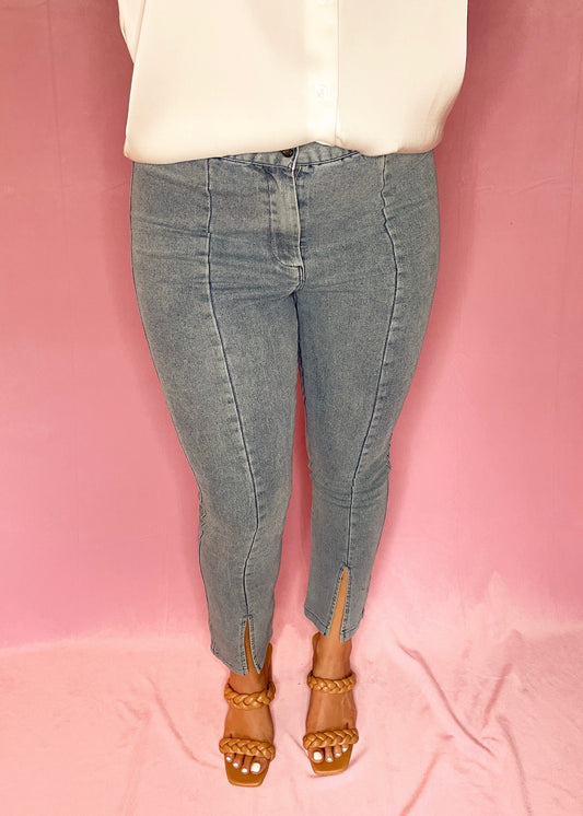Front Slit Denim Stretch Pants