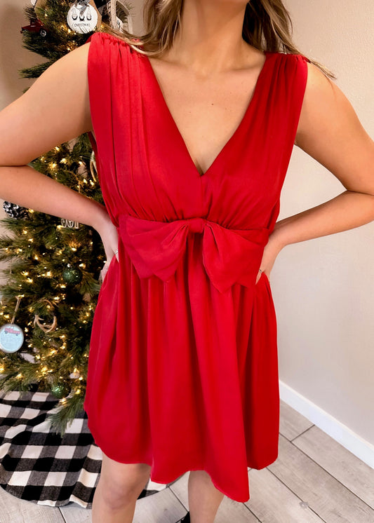 Red Satin Sleeveless Bow Dress