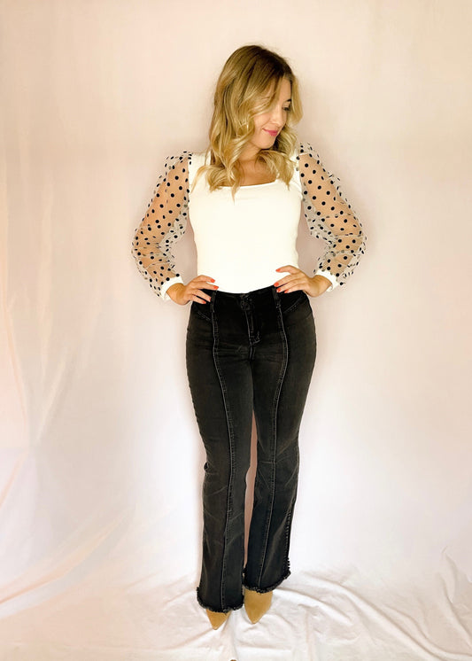 White Polka Dot Sleeve Square Neck Top