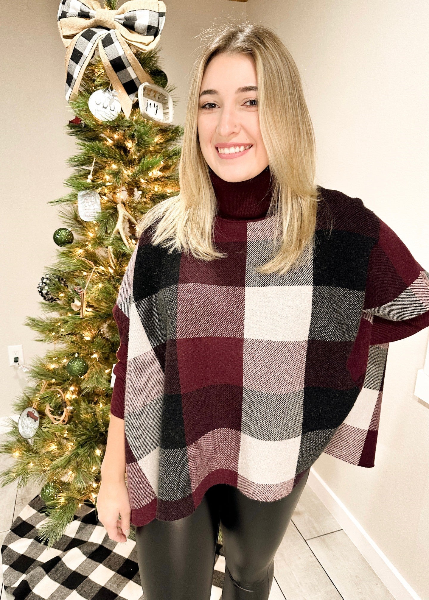 Burgundy Plaid Turtleneck Poncho