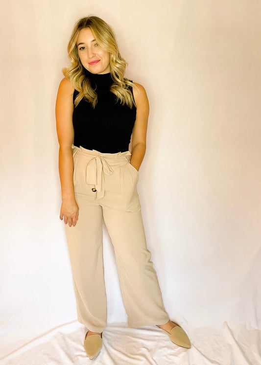 Taupe Paperbag Pants with Waist Tie