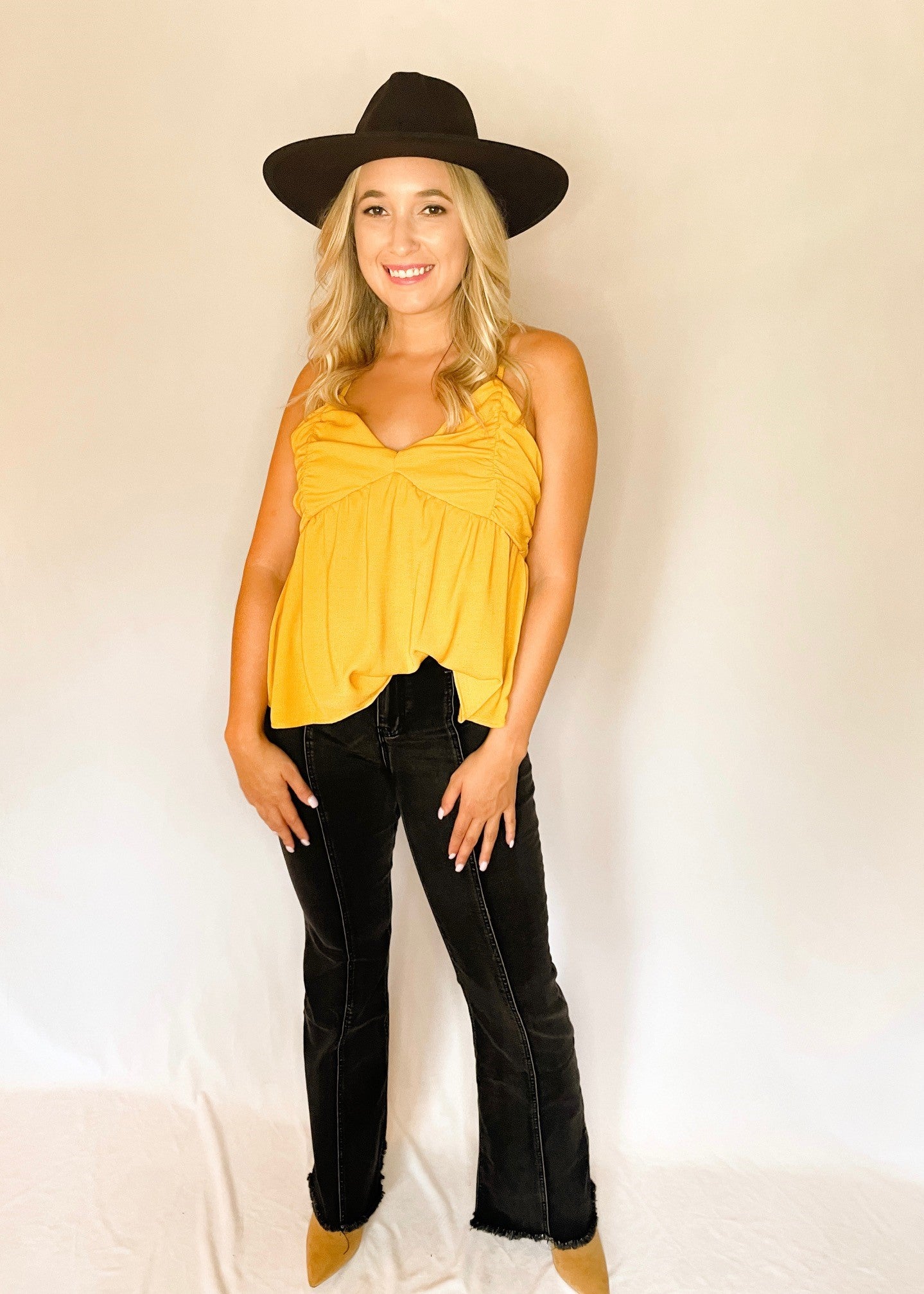 Mustard Ruched Peplum Tank Top