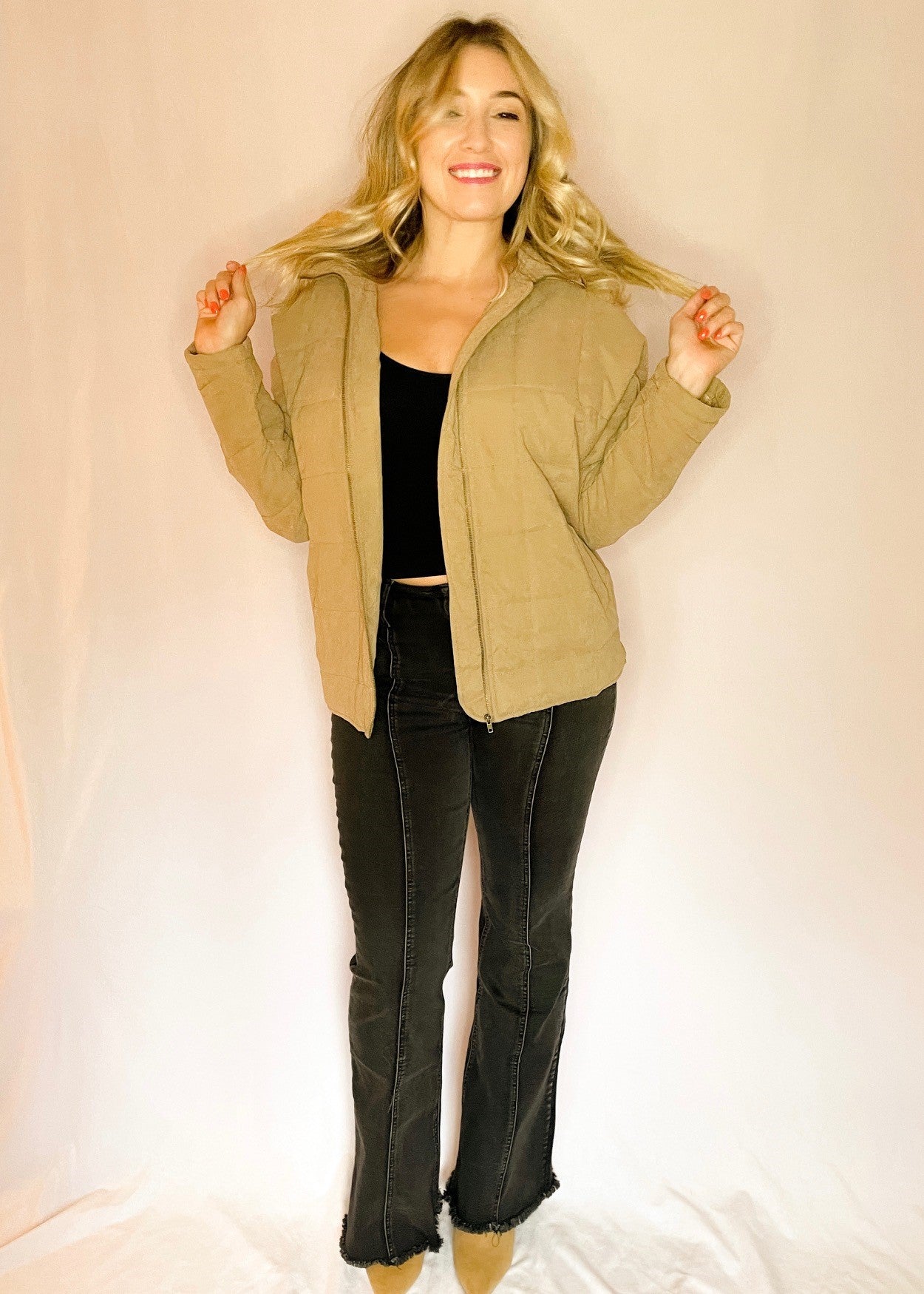 Camel Quilted Zip Up Puffer Jacket