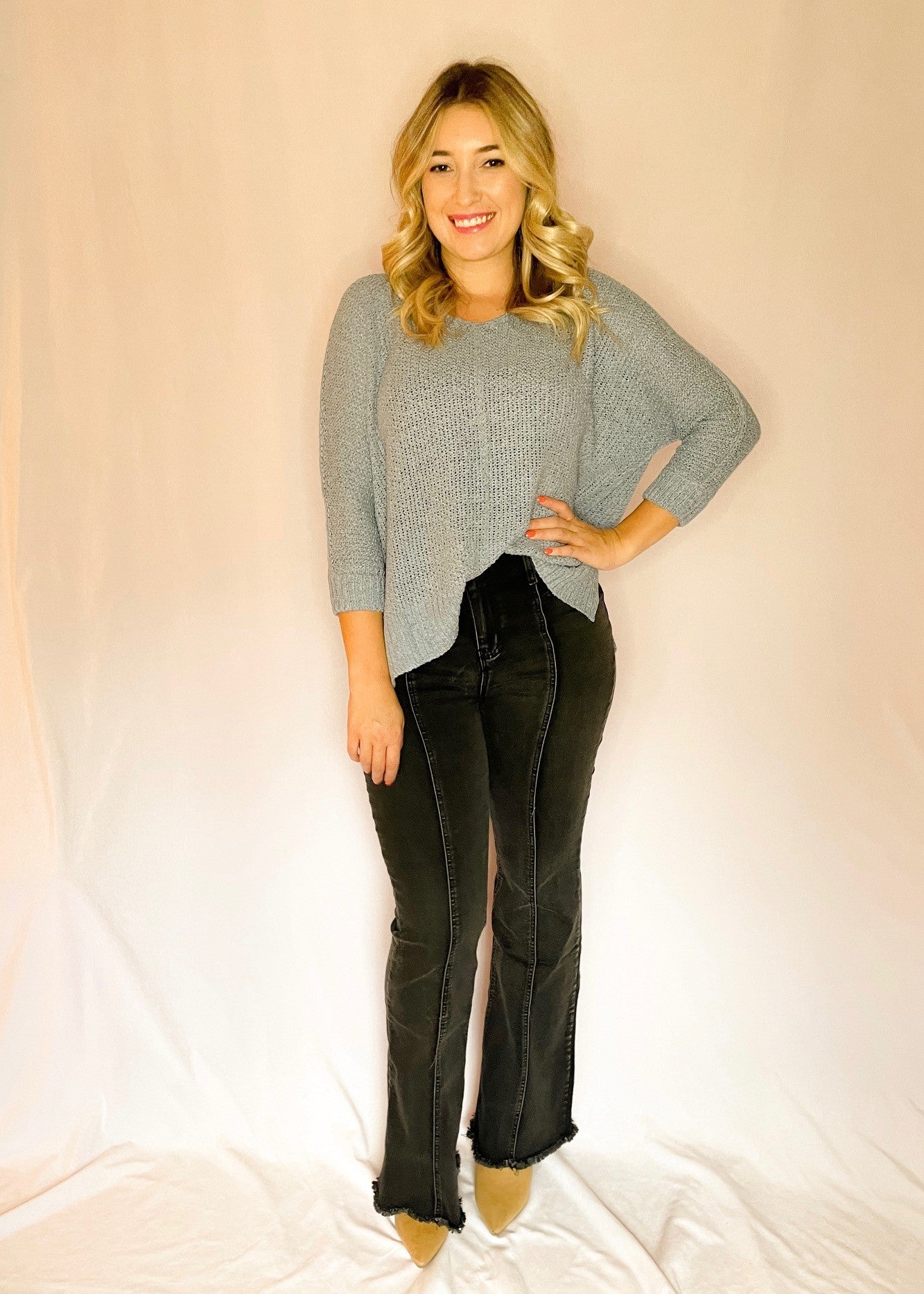 Dusty Blue 3/4 Sleeve Knit Sweater