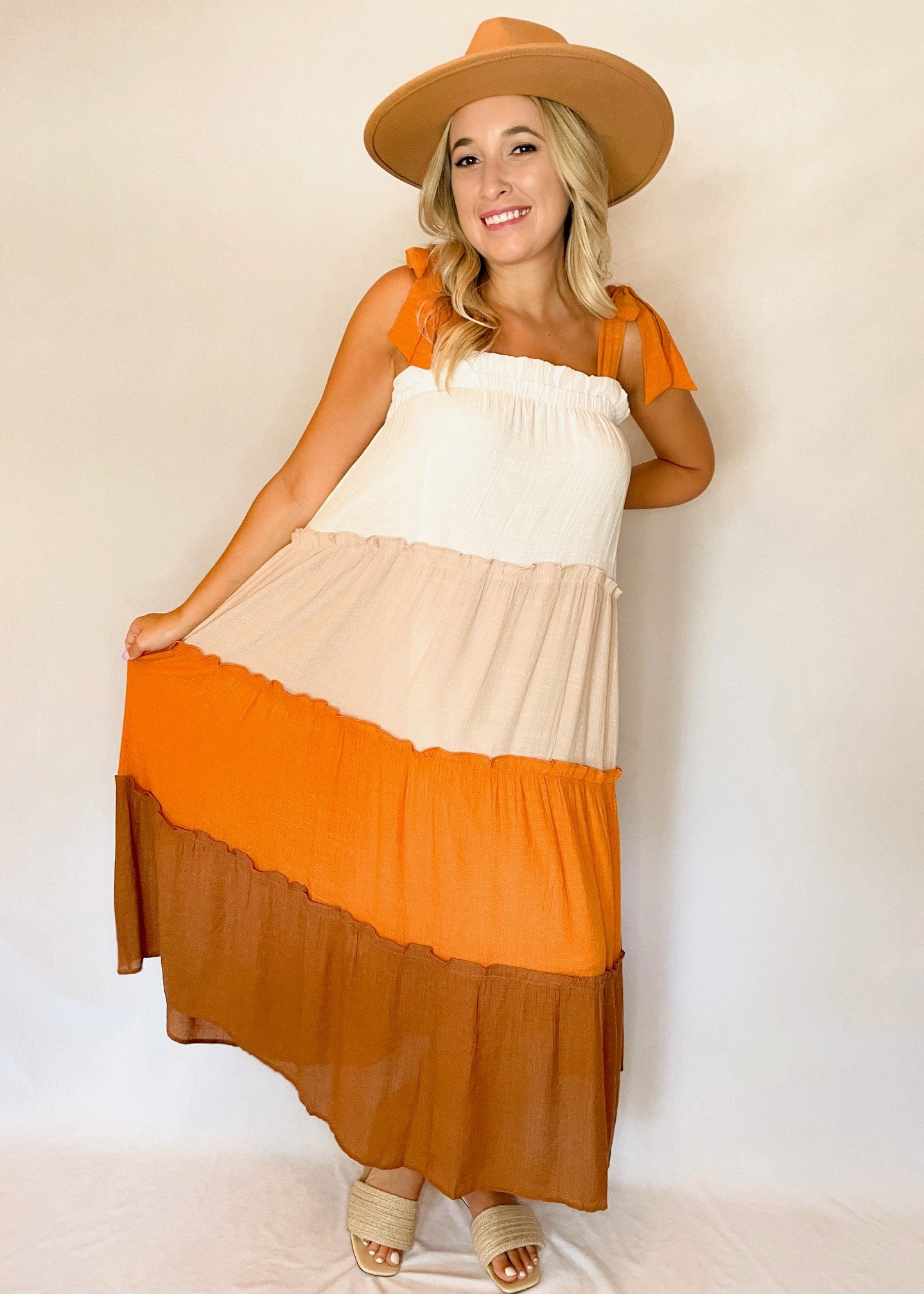 Fall Color Block Tiered Maxi Dress