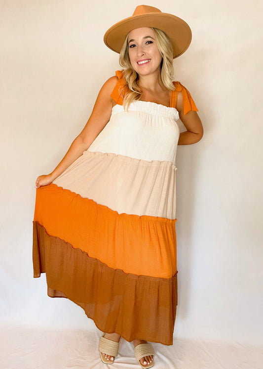 Fall Color Block Tiered Maxi Dress
