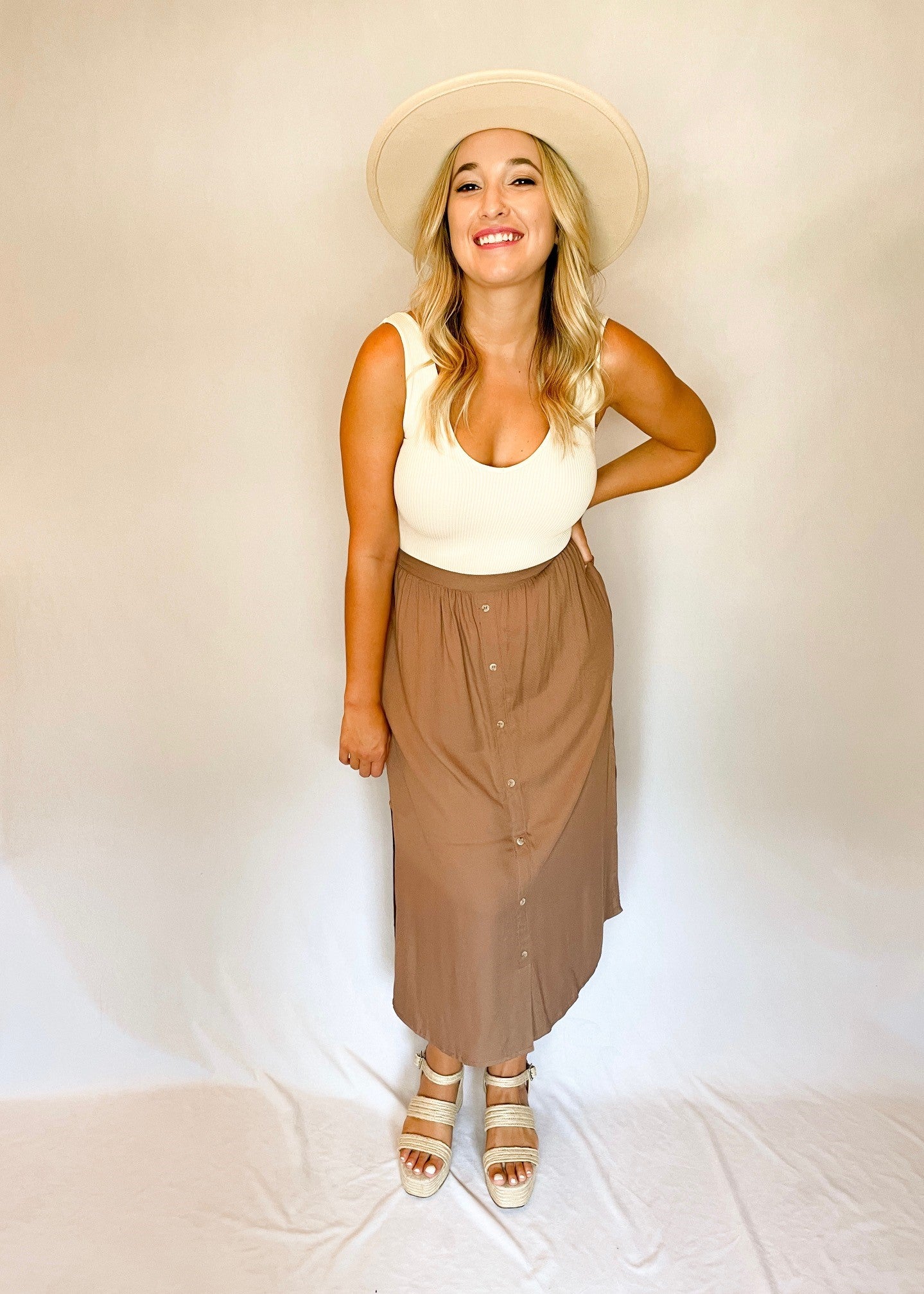 Brown Elastic Back Midi Skirt