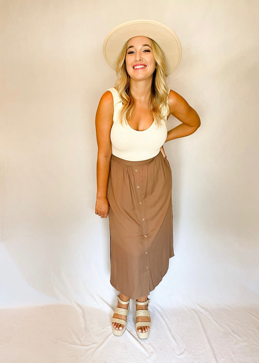 Brown Elastic Back Midi Skirt