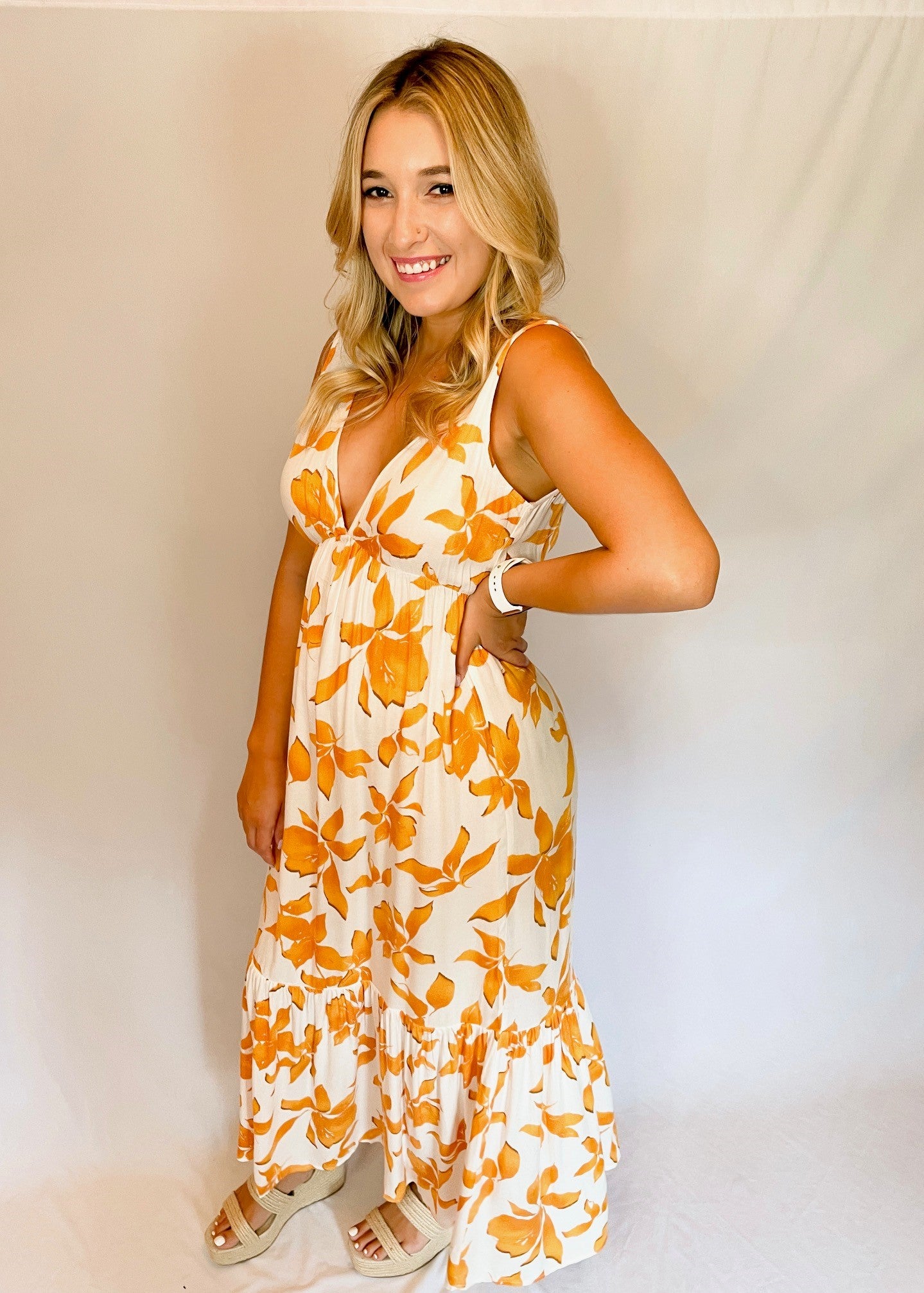 Cream and Orange Floral Maxi Dress