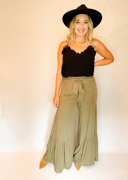 Olive Tiered Waist Tie Palazzo Pants