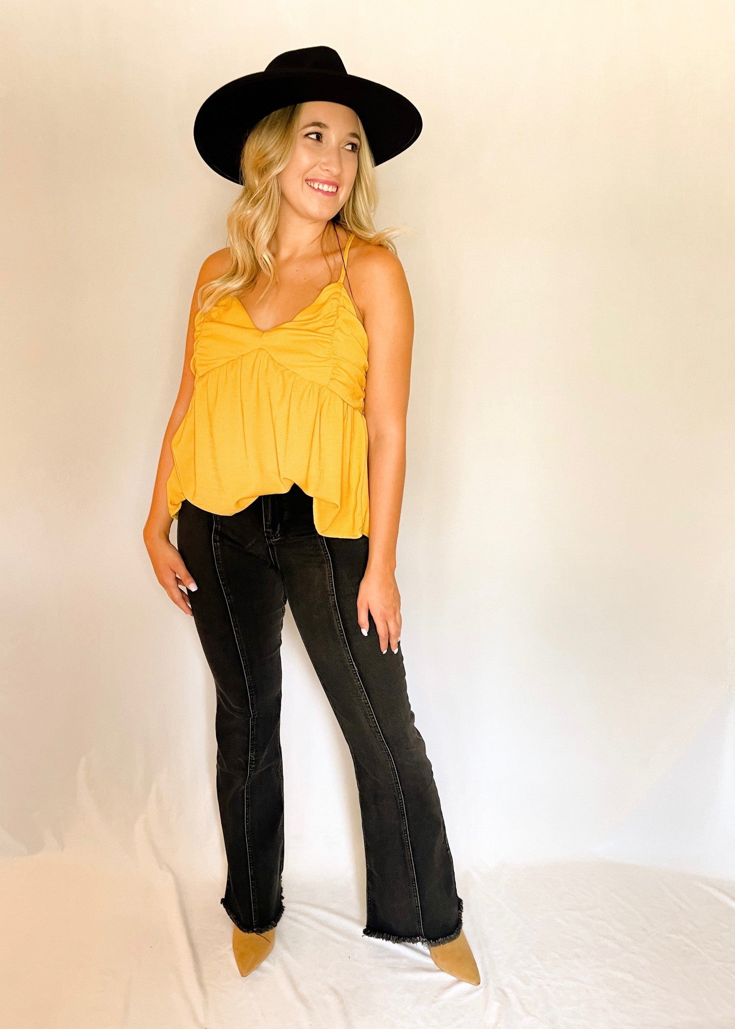 Mustard Ruched Peplum Tank Top