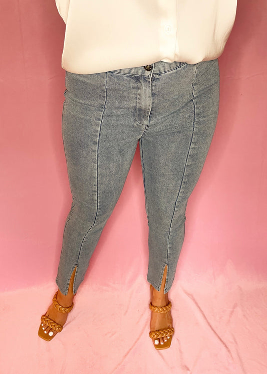 Front Slit Denim Stretch Pants