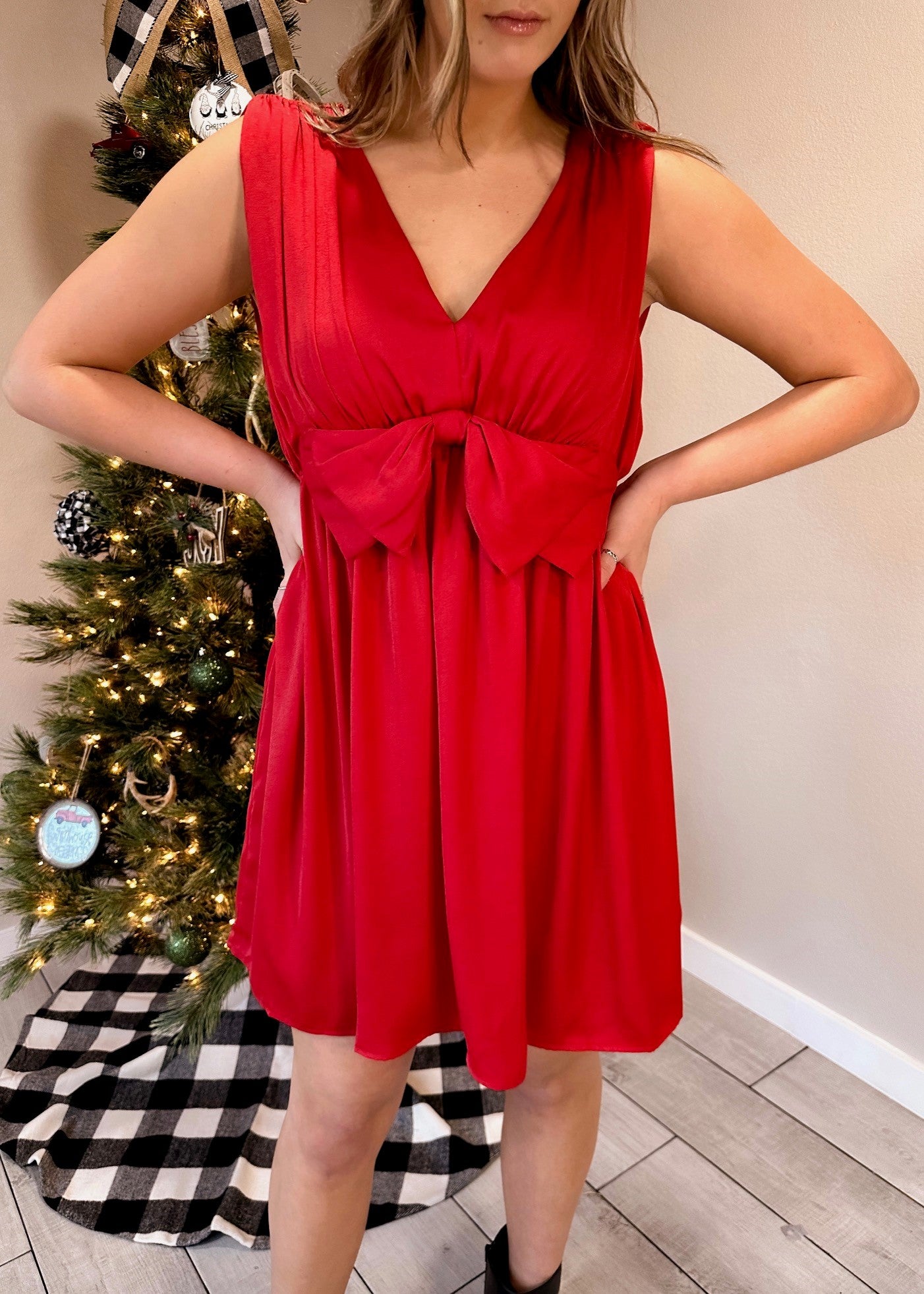 Red Satin Sleeveless Bow Dress