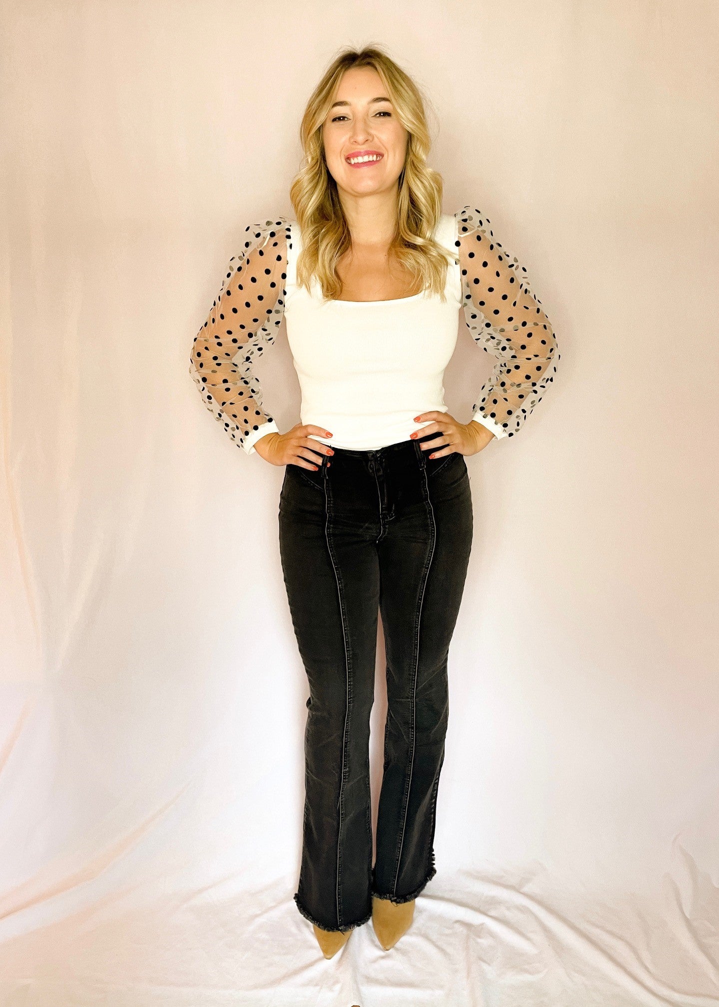White Polka Dot Sleeve Square Neck Top *FINAL SALE*