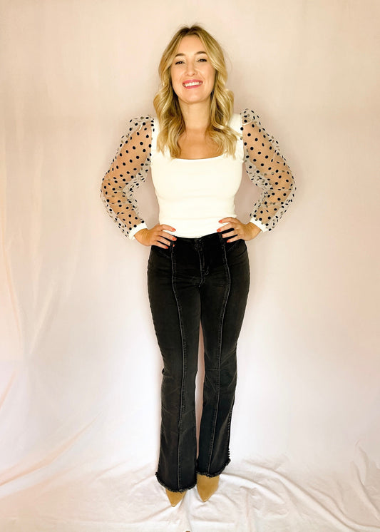 White Polka Dot Sleeve Square Neck Top *FINAL SALE*