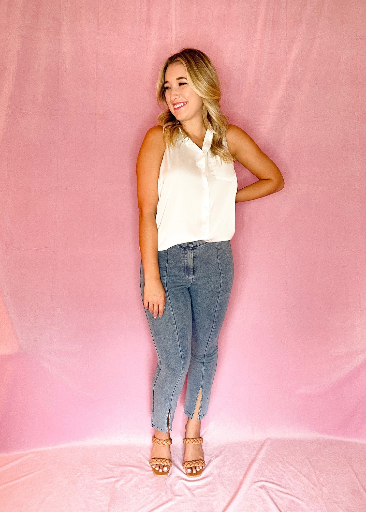 White Sleeveless Satin Button Down Top