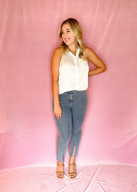 White Sleeveless Satin Button Down Top