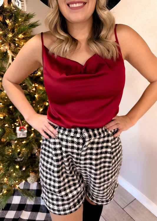 Burgundy Satin Cowl Neck Tank Top