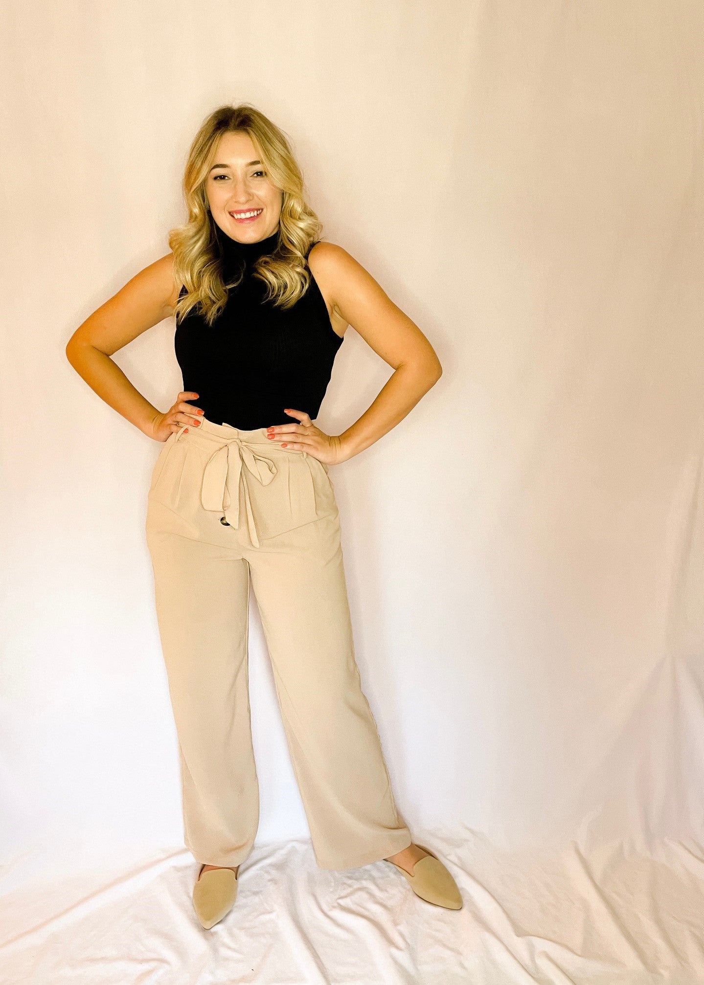 Taupe Paperbag Pants with Waist Tie