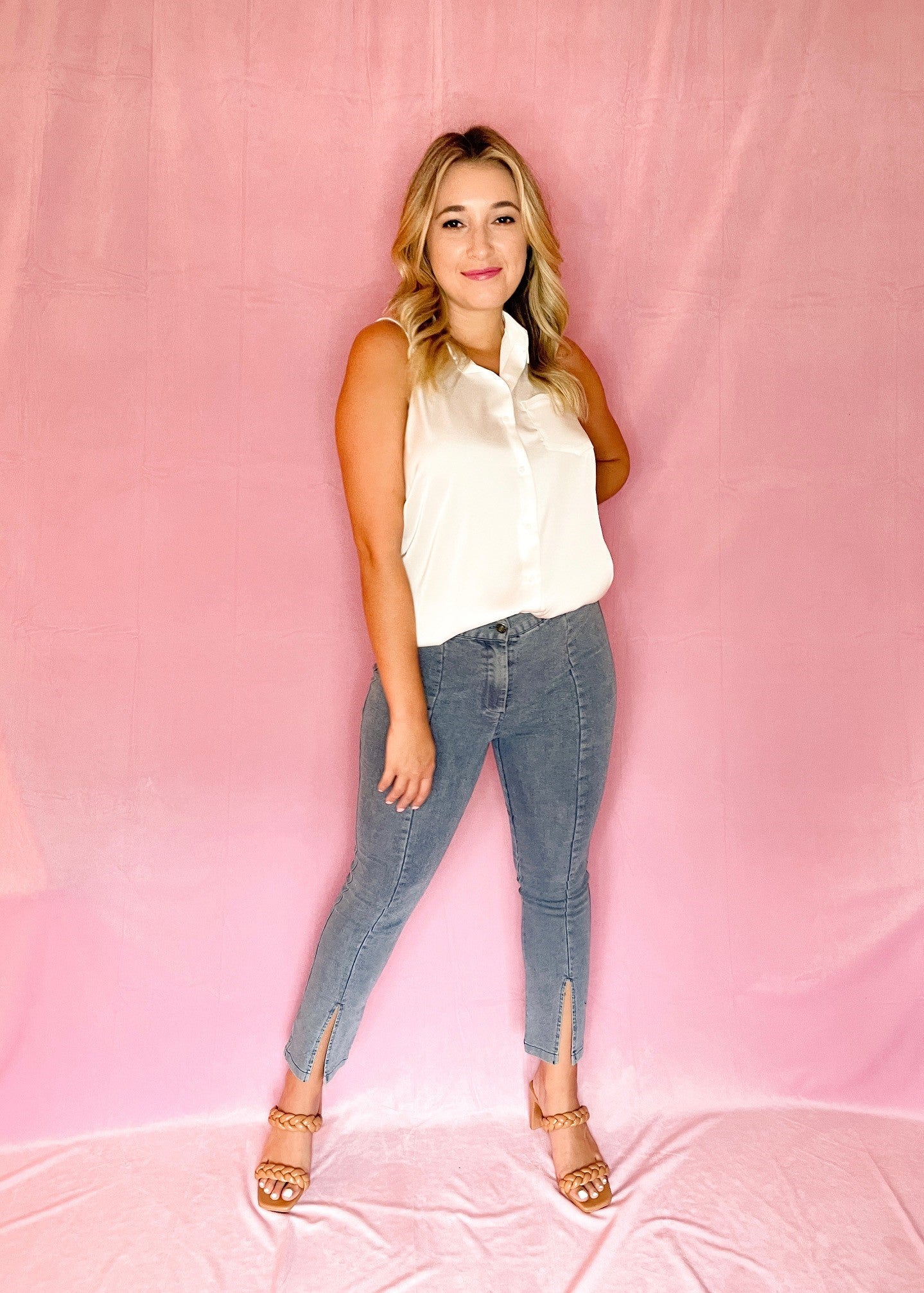 White Sleeveless Satin Button Down Top