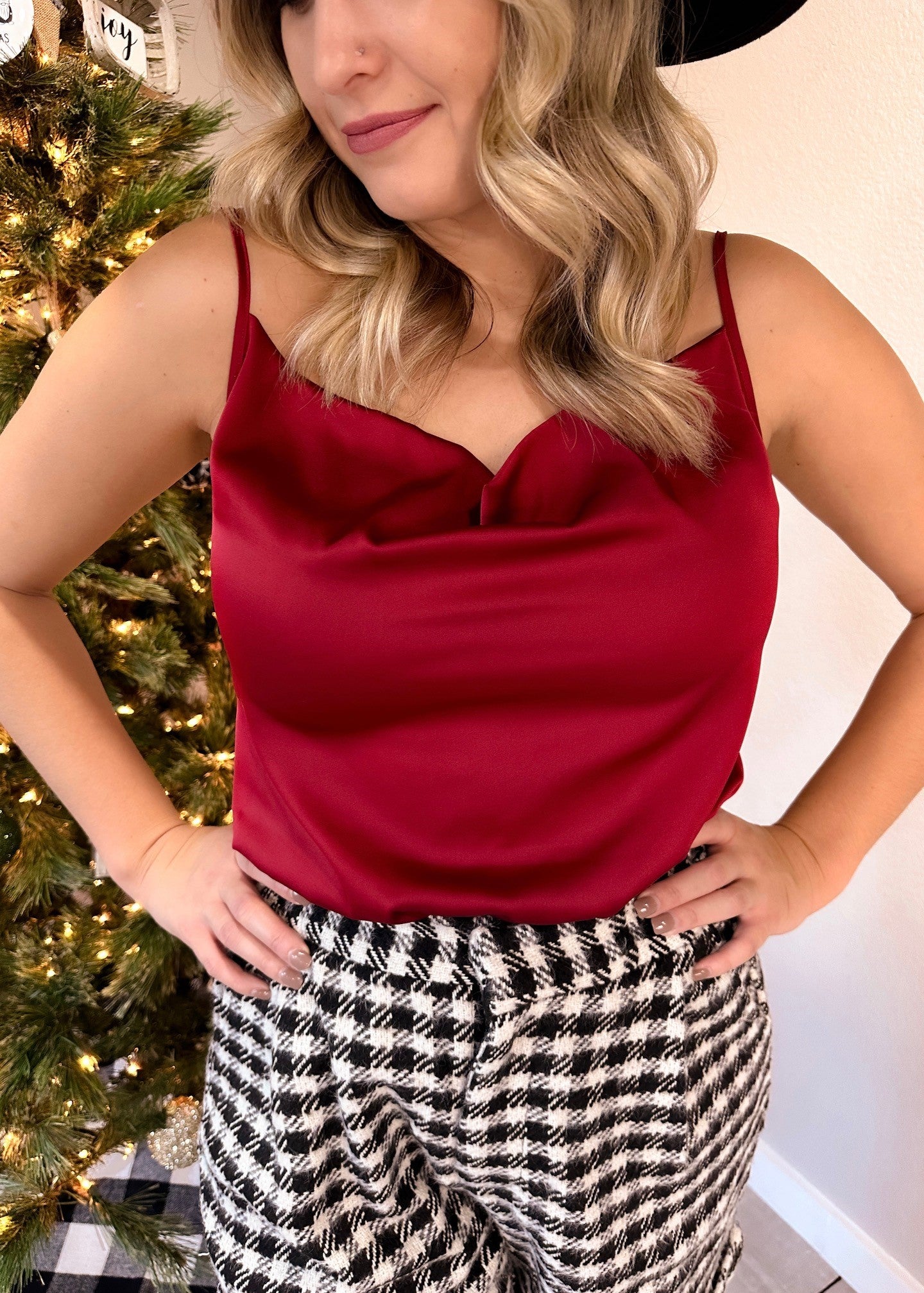 Burgundy Satin Cowl Neck Tank Top