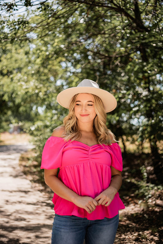 Hot Pink Bubble Sleeve Baby Doll Top 