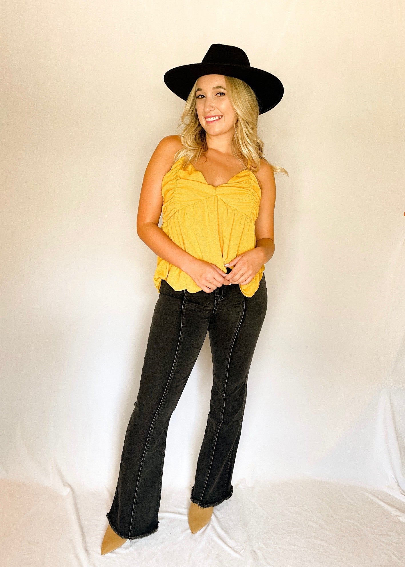 Mustard Ruched Peplum Tank Top