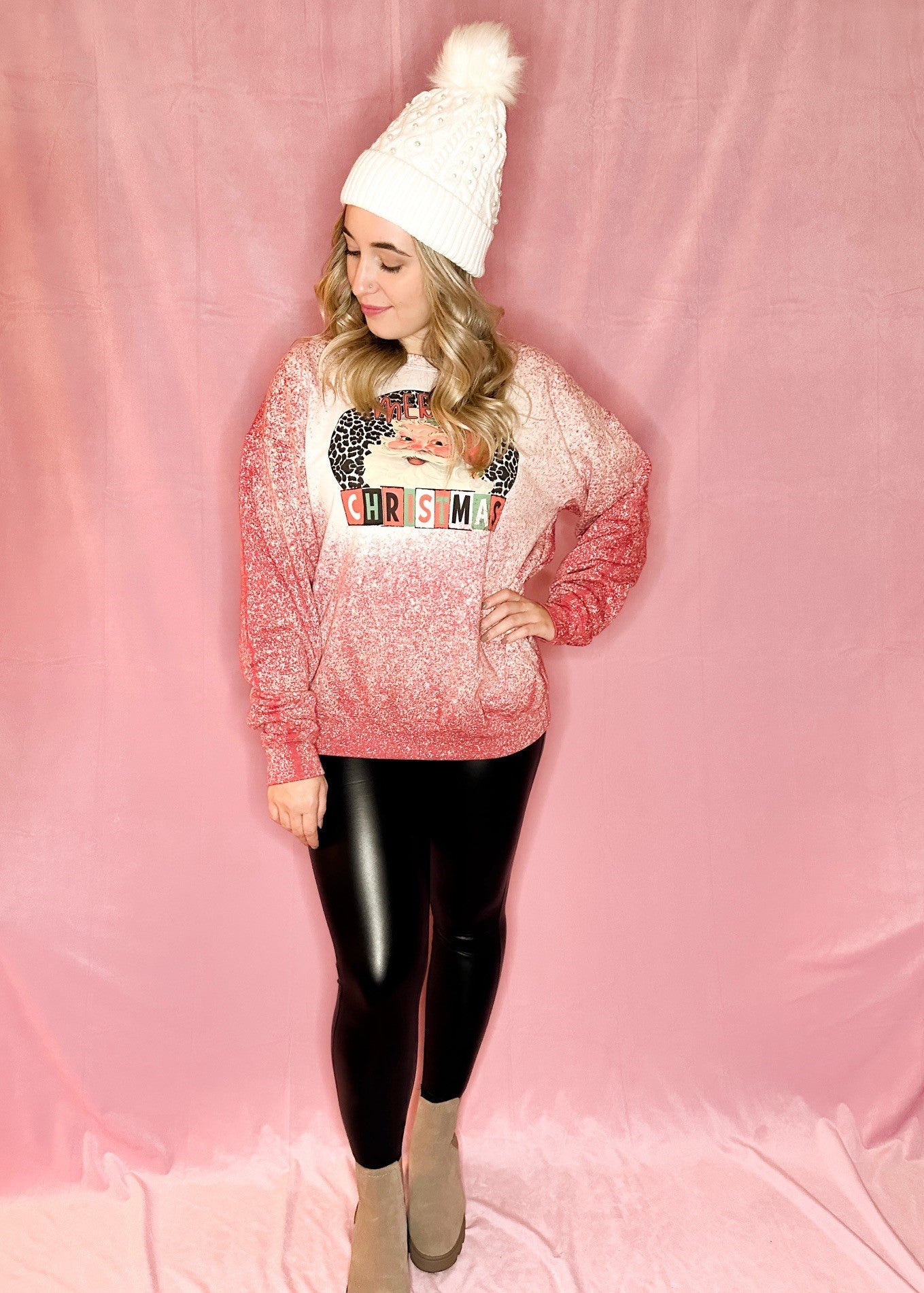 White Fur Lined Beaded Pom Beanie