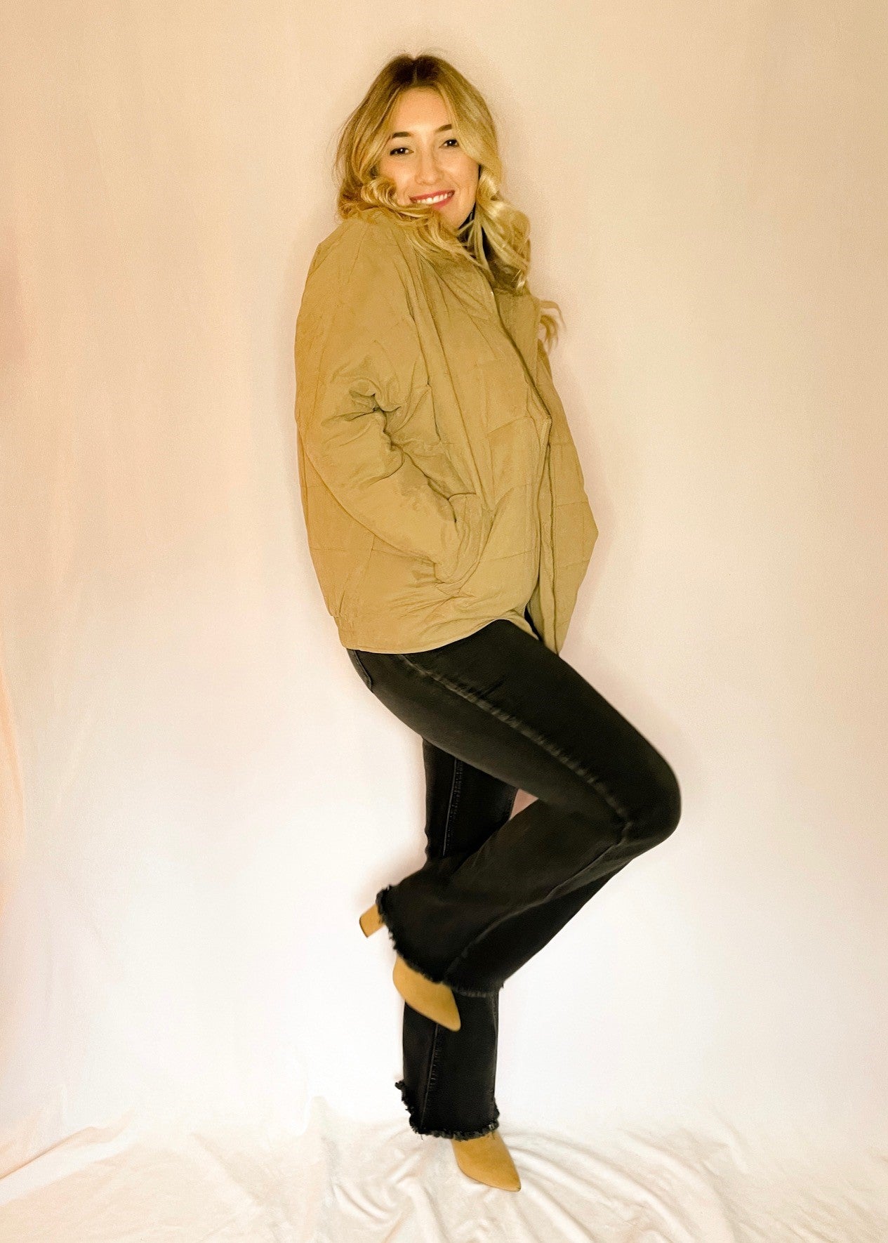 Camel Quilted Zip Up Puffer Jacket