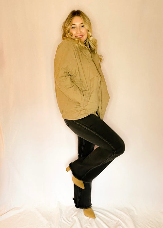 Camel Quilted Zip Up Puffer Jacket