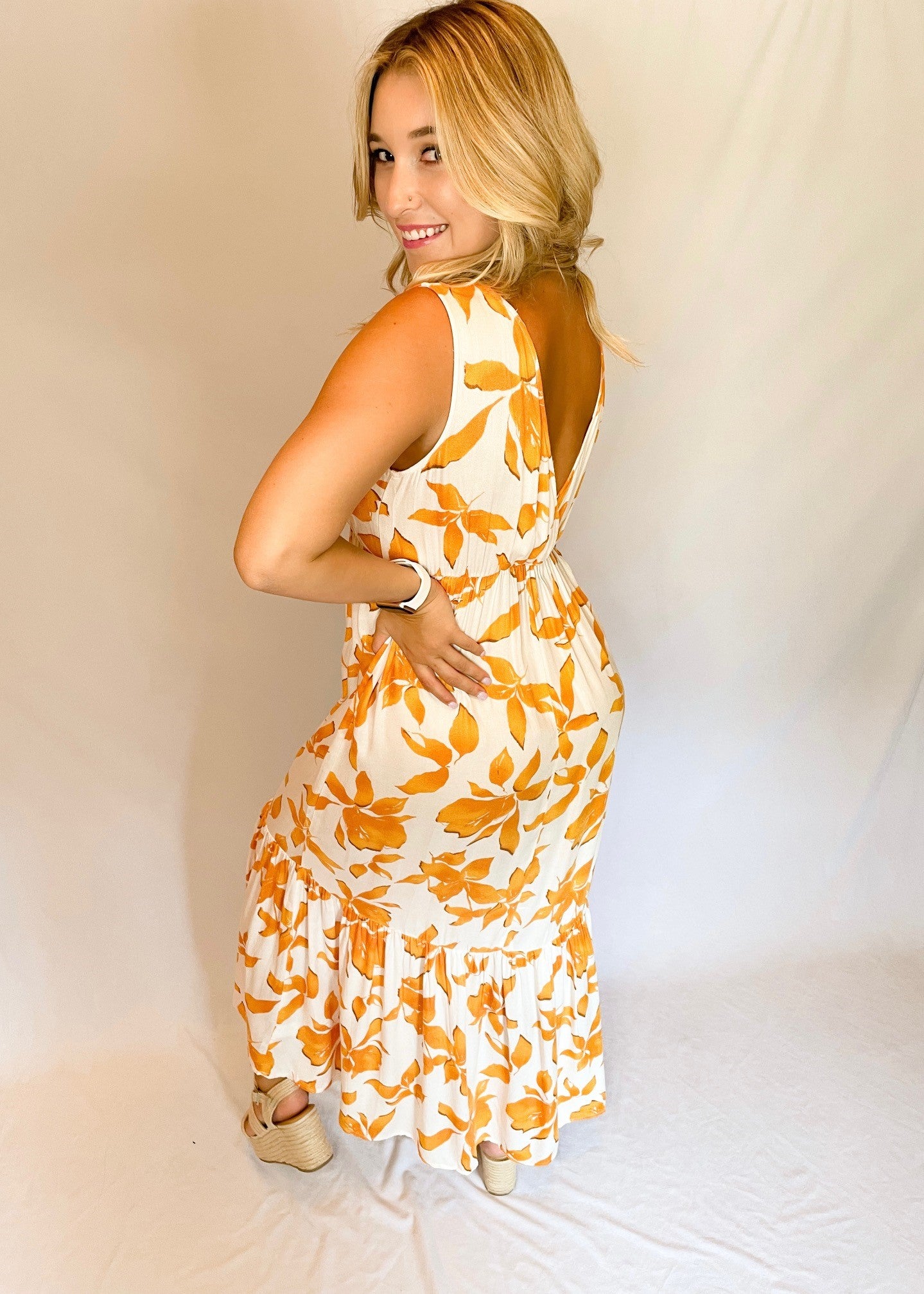 Cream and Orange Floral Maxi Dress