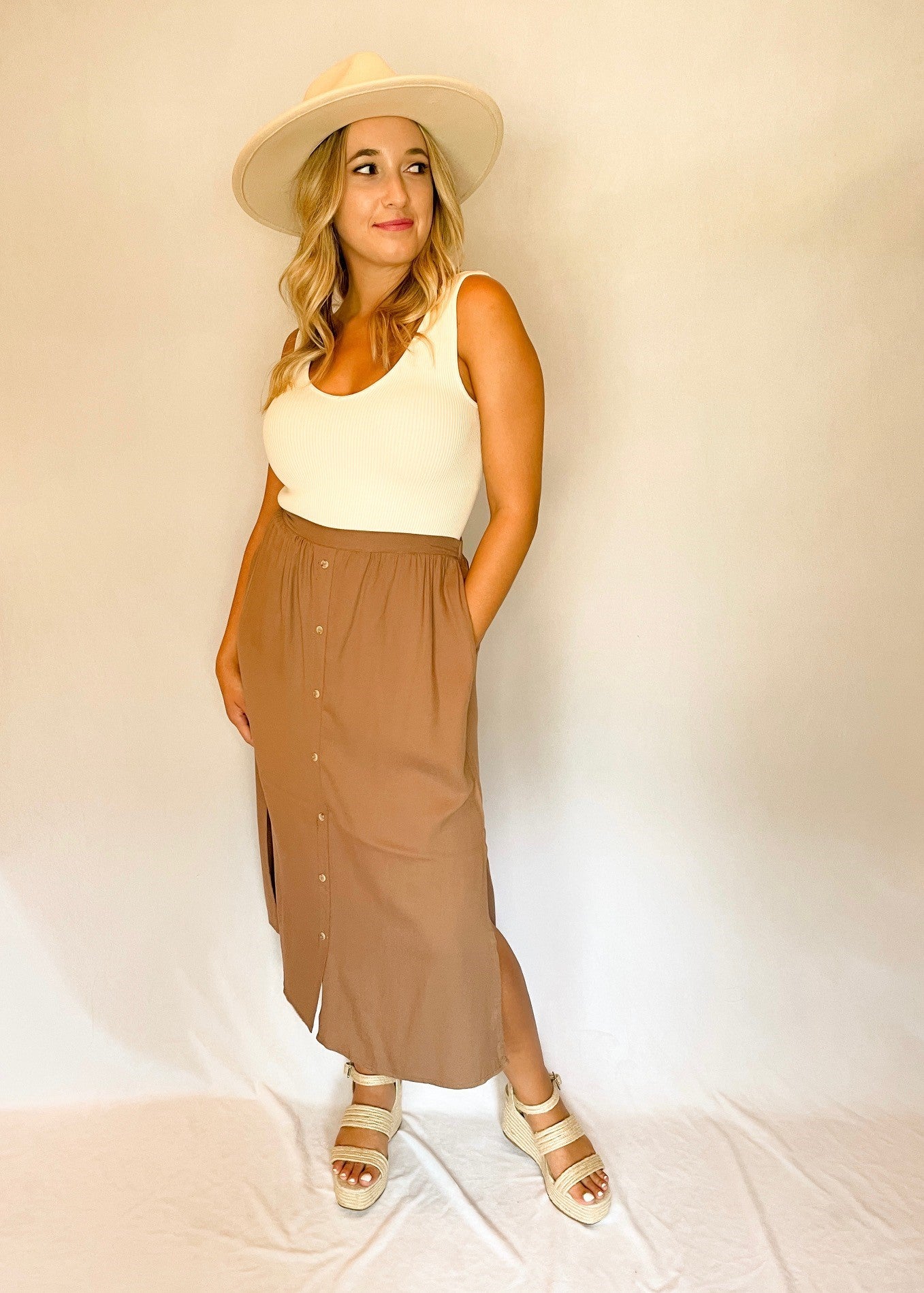 Brown Elastic Back Midi Skirt