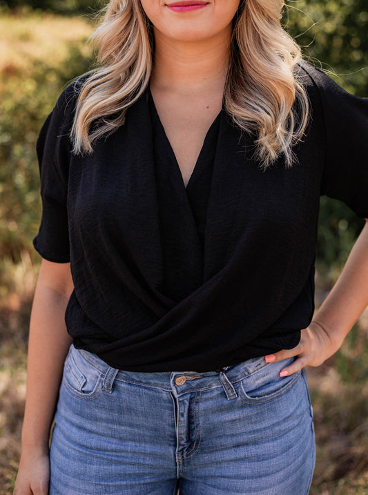 Black Deep V-neck Pleated Sleeve Bodysuit