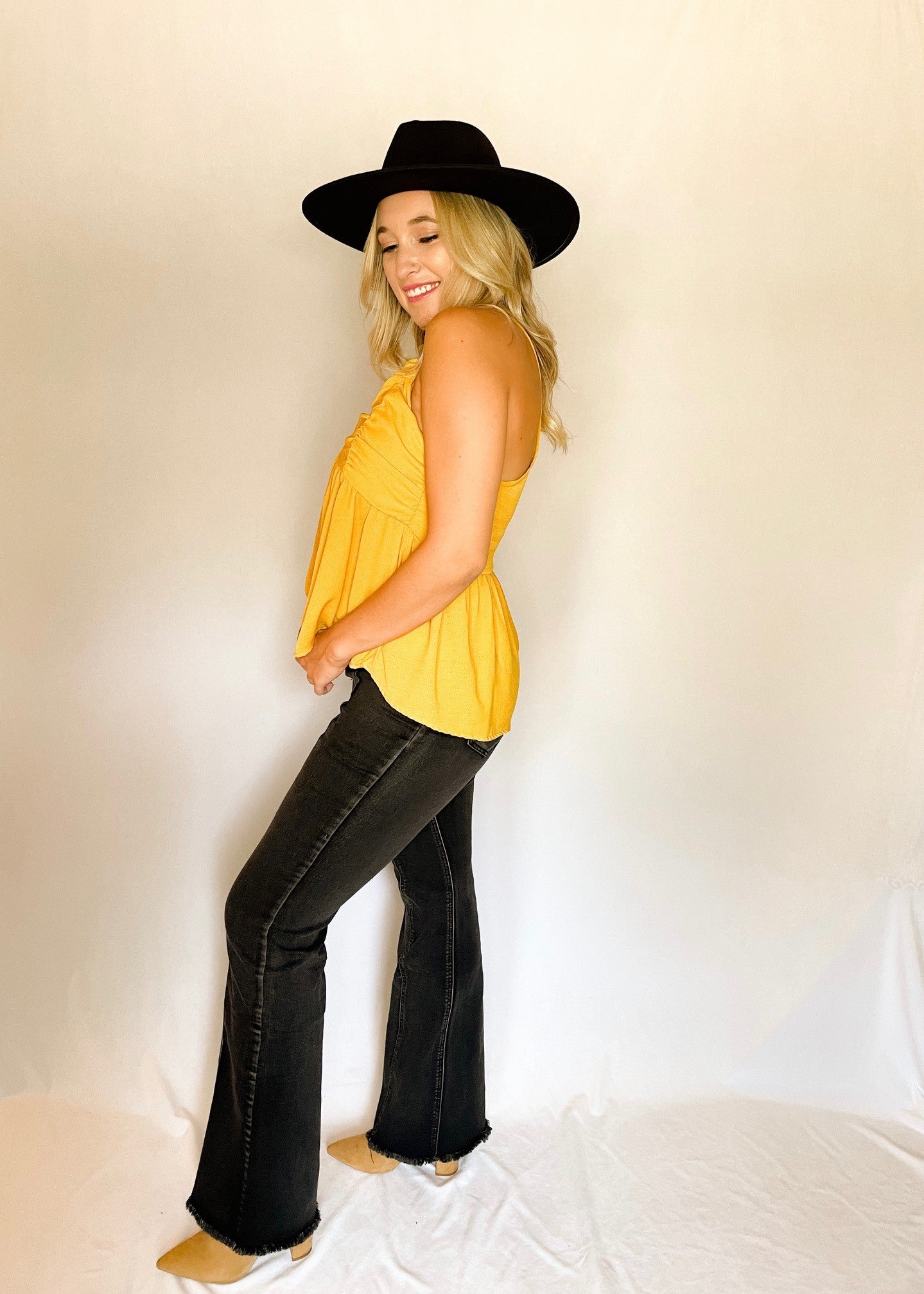 Mustard Ruched Peplum Tank Top