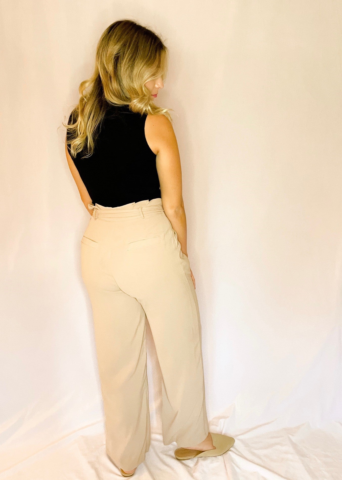 Taupe Paperbag Pants with Waist Tie