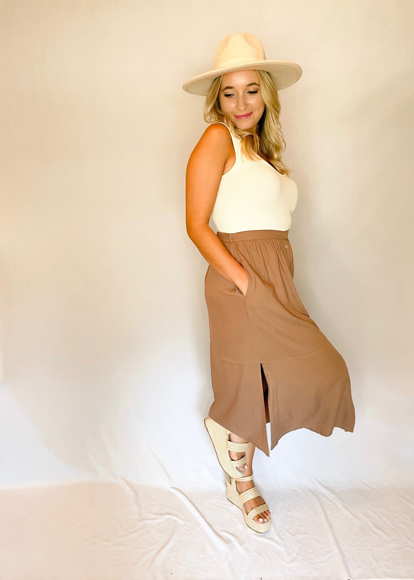 Brown Elastic Back Midi Skirt