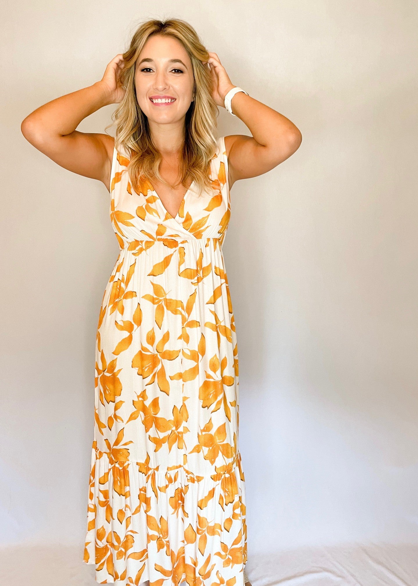 Cream and Orange Floral Maxi Dress