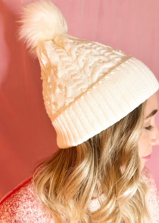 White Fur Lined Beaded Pom Beanie