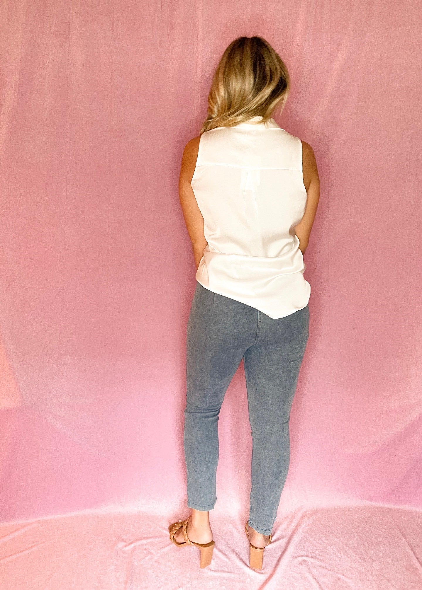 White Sleeveless Satin Button Down Top