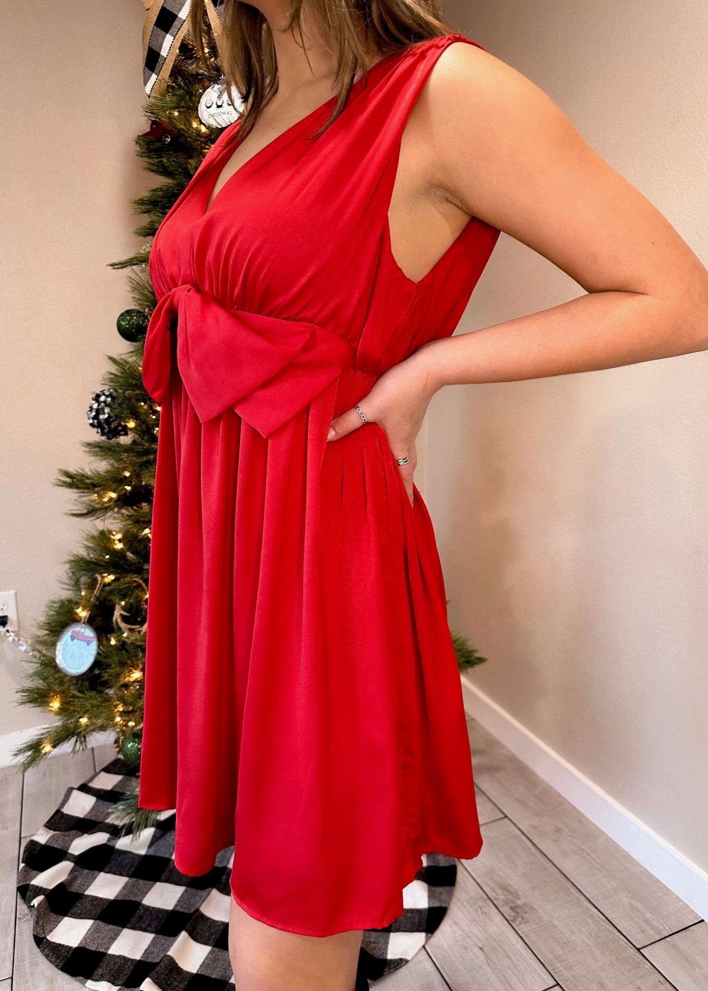 Red Satin Sleeveless Bow Dress