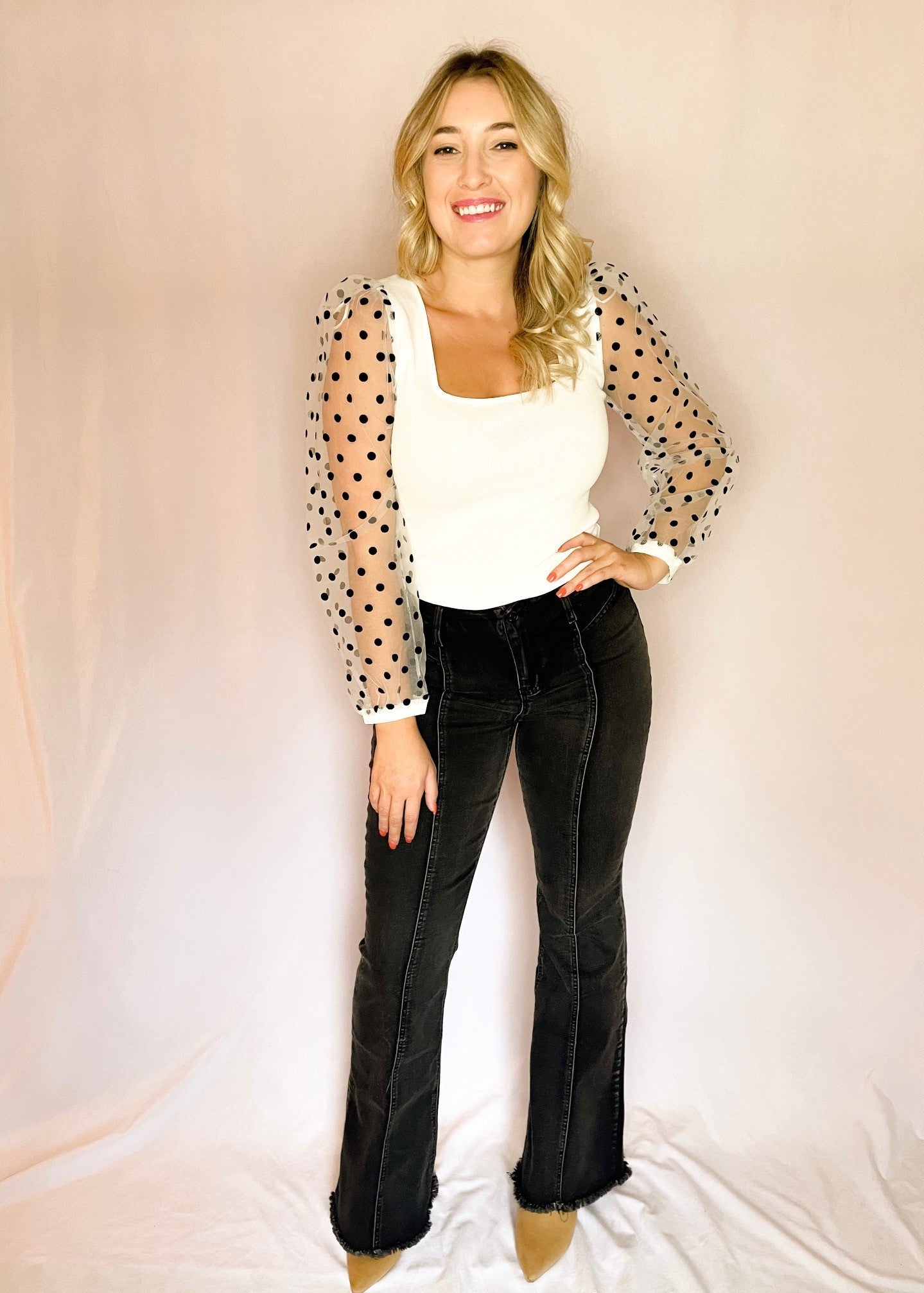 White Polka Dot Sleeve Square Neck Top *FINAL SALE*